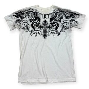 Affliction Graphic T-Shirt Men's L White Skull Wings Cross Print Made In USA